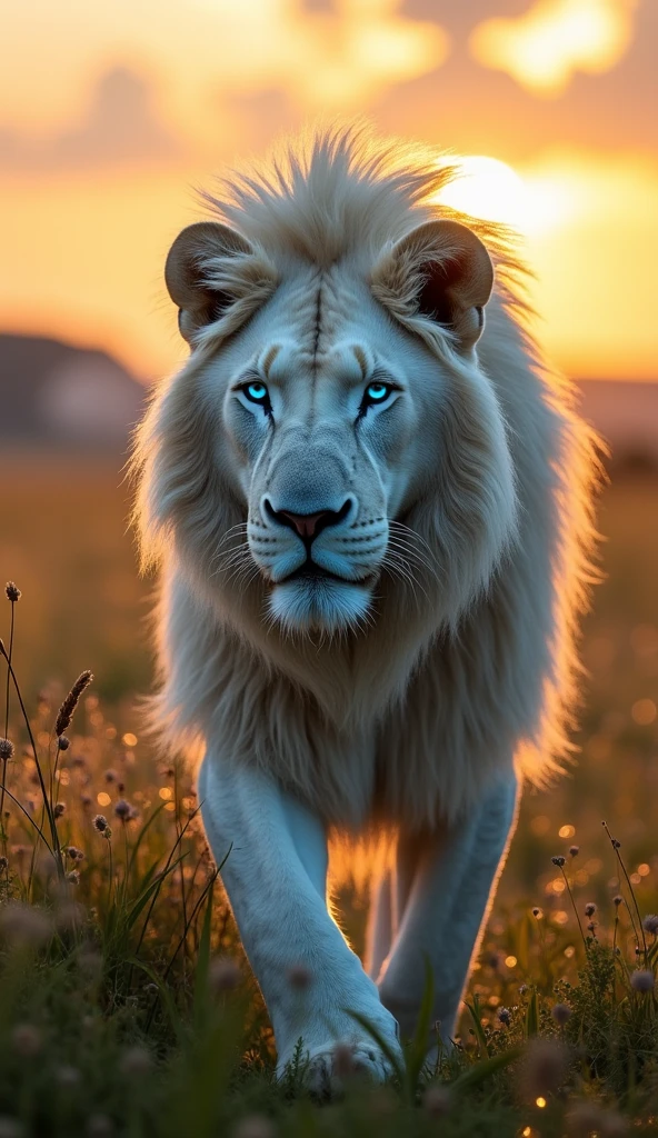 Create an ultra realistic 8k image of a white lion with blue eyes, Strong and beautiful, at sunrise and raining very realistically