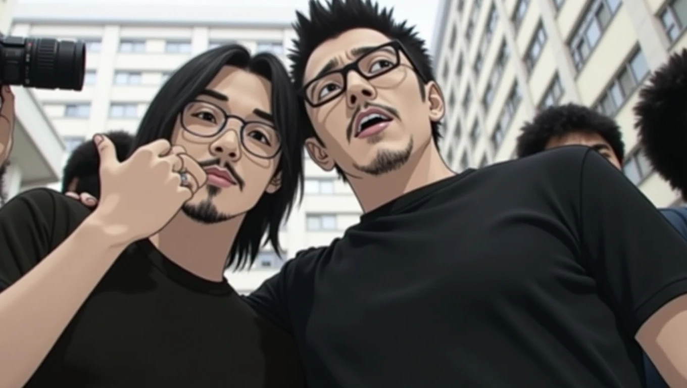 Two men are taking pictures inside the building.。, tetsuo hara and katsuhiro otomo, Jiro Matsumoto and Yusuke Murata, Katsuhiro and Inio Asano, Zane Chin and Katsuya Terada, Tateto Kubo、Takashi Murakami, Shinji Higuchi and Tomoki Kyoda