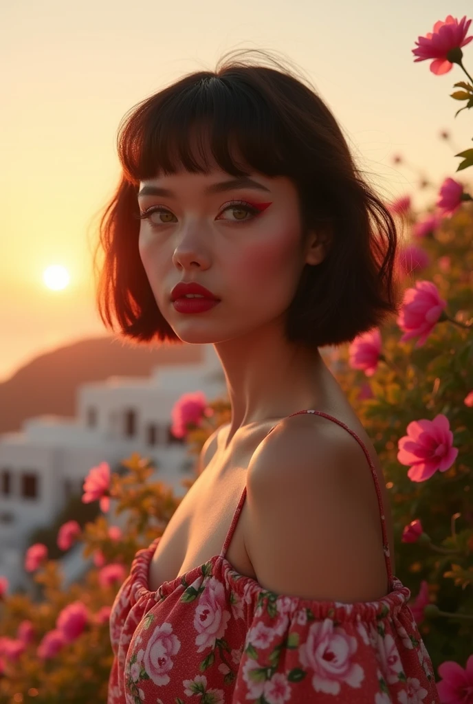 western, future, flower_dress, hot girl, santorini, greece, looking at sunset, makeup, (masterpiece), best quality, high resolution, extremely detailed, blurred background, depth of field, cinematic lighting. Russian women big pumped lips red lipstick super big fake lips bob cut hairstyle blonde hair big green eyes forehead is slightly arched, giving my face a distinctive shape. It flows seamlessly into my high, defined eyebrows. The bridge of my nose is straight and symmetrical, leading up to a pointed tip. My nostrils are small and delicate, adding character without being overwhelming. My cheekbones are prominent, highlighting my large, round eyes even further. My jawline is strong and defined, giving my face a masculine edge despite its feminine features. My neck is long and graceful, flowing effortlessly into my shoulders. flower garden , big fake lips big size lip big pumped lips red lipstick cleavage sweat in forhead
