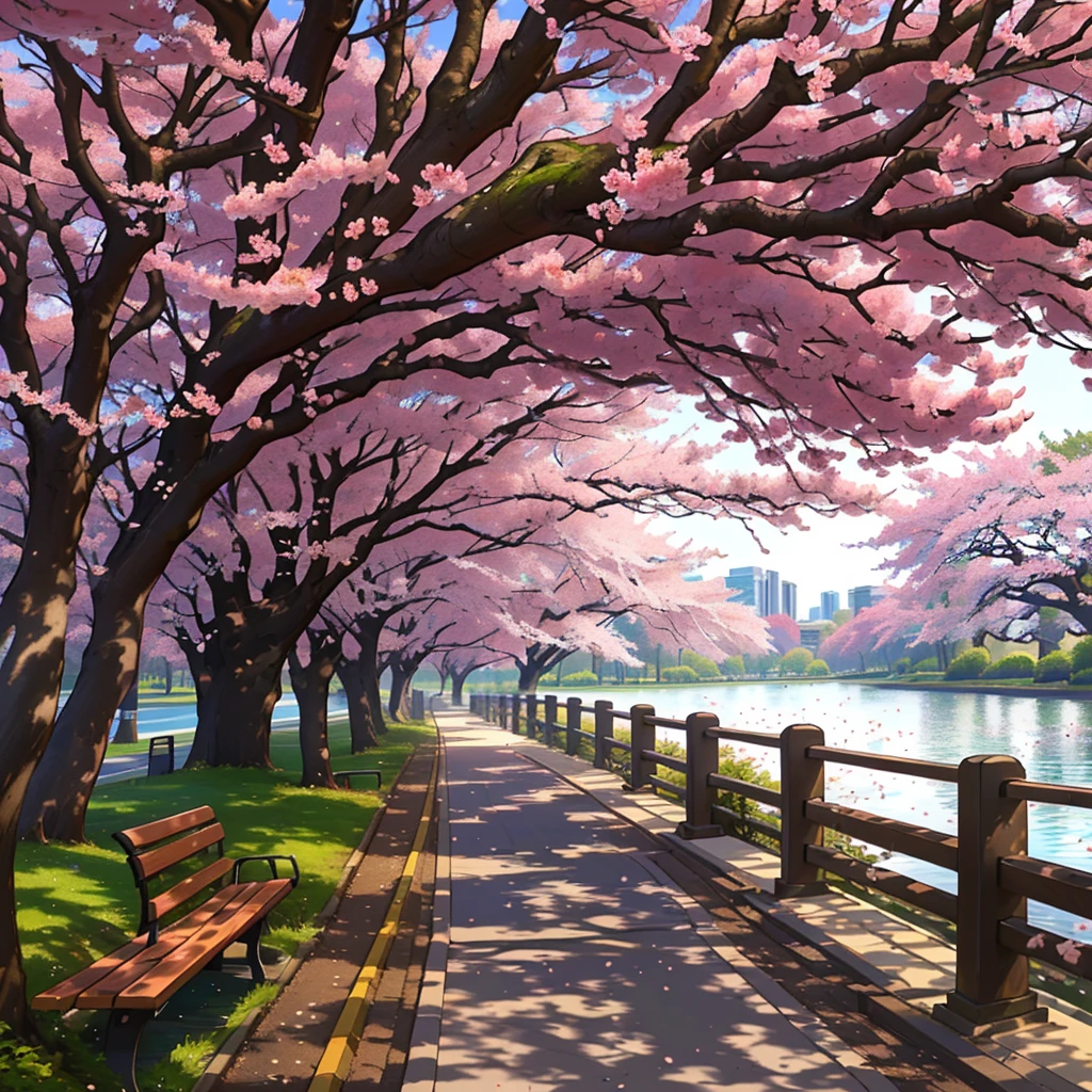 a bench stands by the water under the tree, Cherry blossom trees, city of spring season, Sakura trees, cherry trees, A blossoming path to paradise, Cherry tree, Cherry blossom trees, Cherry blossom season, lush Sakura trees, Cherry blossom tree, City park with flowers, perfect spring day with, Breathtakingly beautiful trees