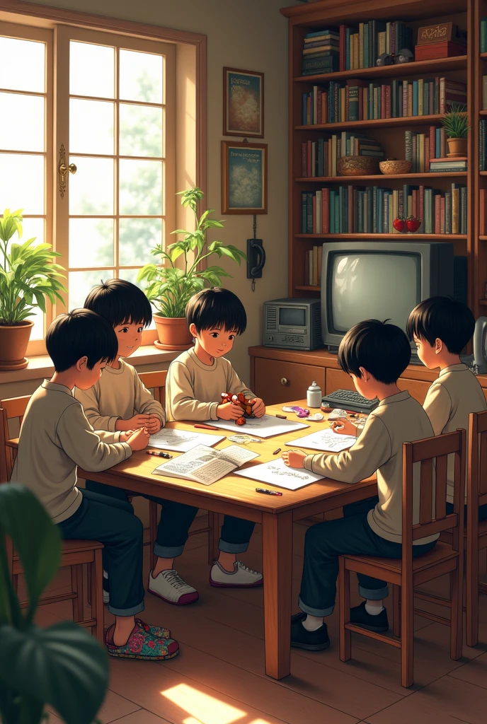 Boys, while working on it, from above, plant, Black Hair, Cat, indoors, Keep, Long sleeve, Long hair, Stuffed Cat, potted plant, Book, food, window, Telephone, Mount the inside, television, short hair, Stuff the cat, Stuffed, Bangs, slippers, barefoot, sit, Bookcase, shelf, cable