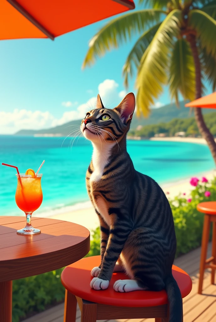 Un chat tigré foncé à poils courts, avec le torse et les deux pattes avant de couleur blanche. Il est assis à la terrasse d’un bar sur un tabouret avec un cocktail devant lui en train de profité du soleil, de la mer turquoise, and golden sand