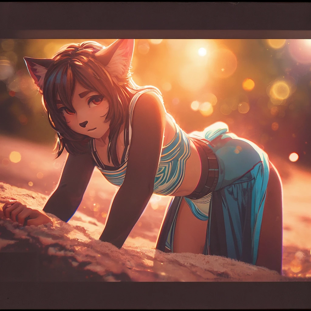 (Sumilux f1.4 36mm , Polaroid , low Latitude old color negative film , cross process , (bokeh), Long exposure , blur , flare, chromatic aberration , (soft focus), (Shallow focus) , soft glow , Maximum aperture, low Key , Transparent depiction , Tyndall:1.3) , Intoxication female cat , Blank look , in the bedroom , dim light , messy underwear , bend over , I feel like throwing up