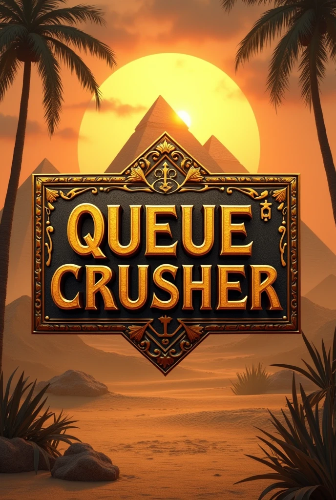 Queue Crusher logo in Egyptian font style 