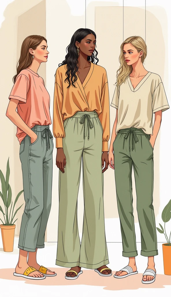 Create portfolio sketches for casual wear collection 5 ensembles .US based fashion buyer. For fashion Designer's professional portfolio. According to trend and colour of season 2025 summer spring. Sustainable organic fabric cotton viscose hemp collection.