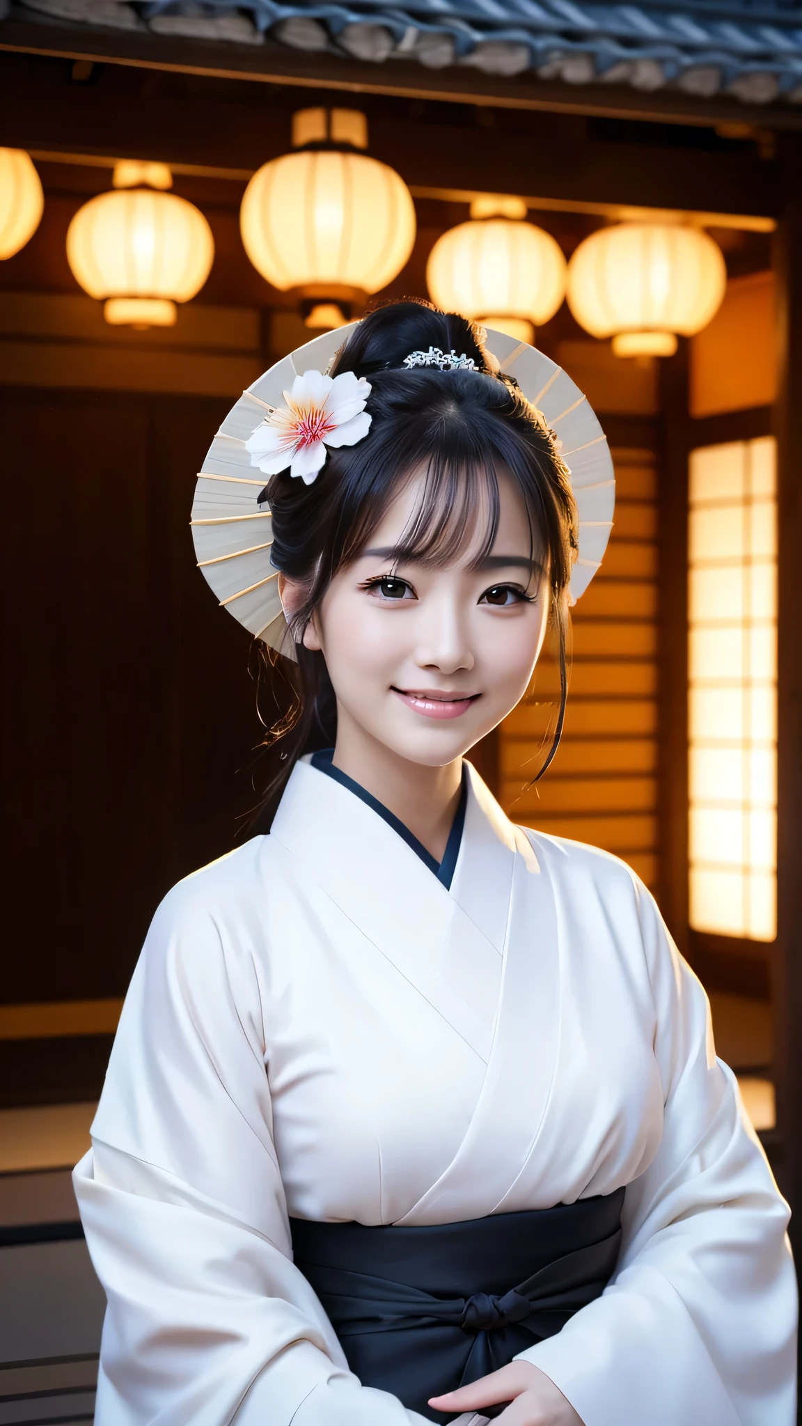 (Super beautiful woman in kimono)、((highest quality、8K masterpiece:1.3))、sharp focus:1.2、(super beautiful face:1.0)、(shiny skin:1.0)、realistic pictures、black hair、video lighting、High resolution eyes and face、video lighting、japanese actress、from the front、with a happy smile、whole body、wearing a kimono、in Kyoto、(luxury obi)、with a fan、Fireworks Display