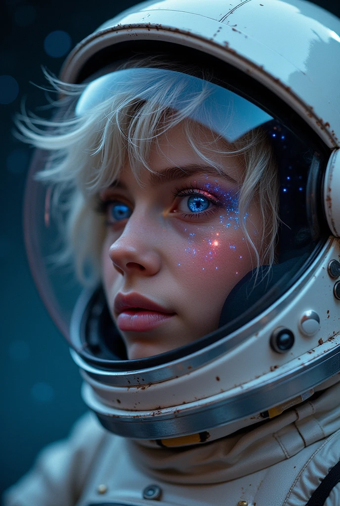 (Close-up of a better masterpiece:1.5)0.9], (Space and astronauts:1.2) (Messy silver hair:1.1) (Heterochromia xanthochromia and blue eyes:1.2) (Space Helmet:1.0) (Colored stars in the eyes:1.0) (A radiant glow:1.1) (thick lips:0.9)