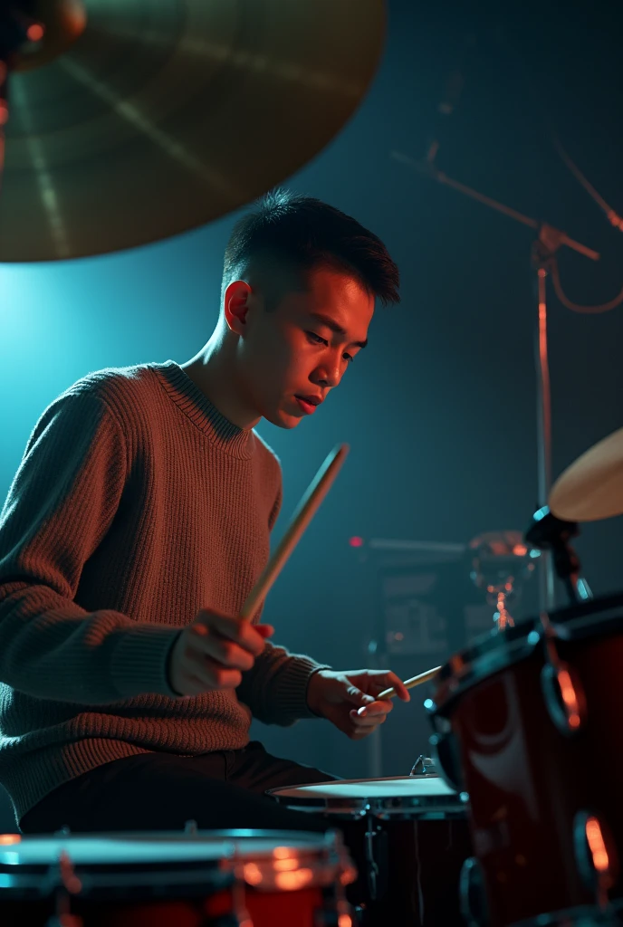 a 16 year old Indonesian man wearing a sweater,haircut (short slicked back) ,Thin and short body (short), playing drums in the studio at night,side angle , looks very real, 360 low angle photography, 8k