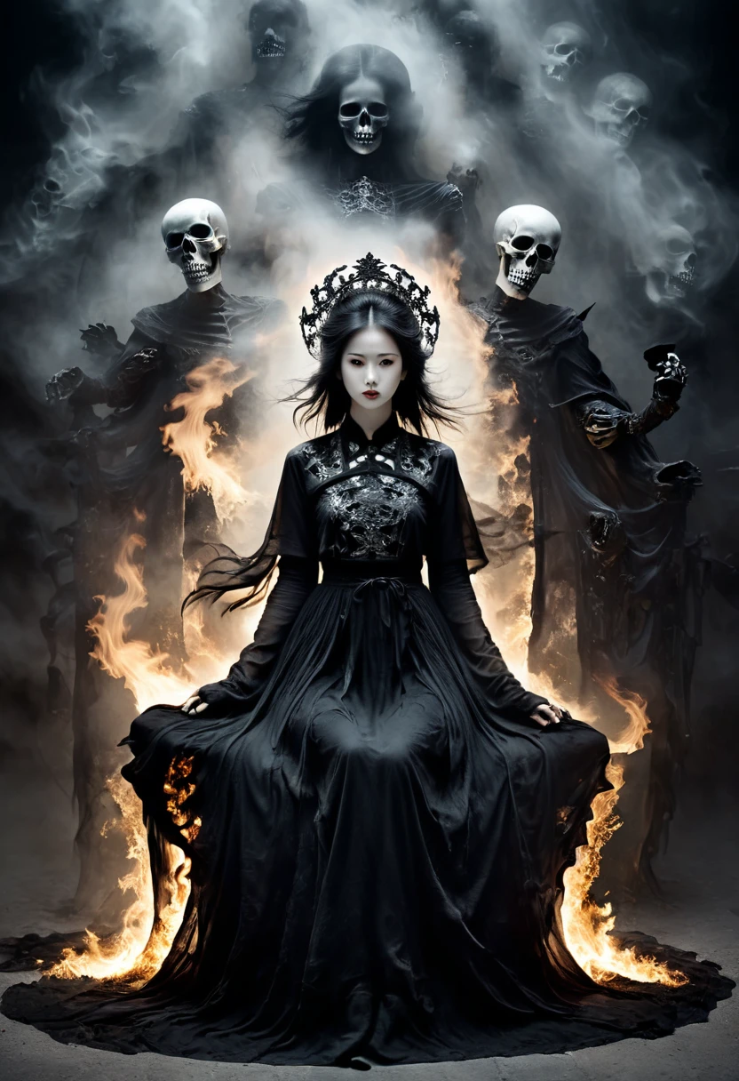 The picture is symmetrical, Symmetrical artistic double exposure style, Volumetric Lighting, Lean forward,light depth, Dramatic atmospheric lighting, Volumetric Lighting, Ghosting effect, Image combination,
(Practical, photoPractical),The girl sits on the throne, and Black flames spread around her from the center
(Black:1.2)
The girl is wearing a Hanfu made up of Black ghosts and skeletons. The Black ghosts and skeletons surround the girl, with Black flames burning and ghosts all around.
