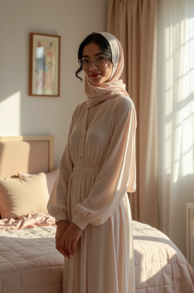  a beautiful young woman hijab, (((super big breast))), (very big breast covered) perfect face, (((very huge big breast,))), ((( Big Breast))) long dress muslim, (((covering mouth, long veil))), Slim Face、20 years old, stil young, Pretty Lady,  smile eyes, sleep in bedroom, stand up, (big breast covered) , see full imageblackhair, short hair, black, glasses, sarada, black eyes,skinny body 18+ is hot