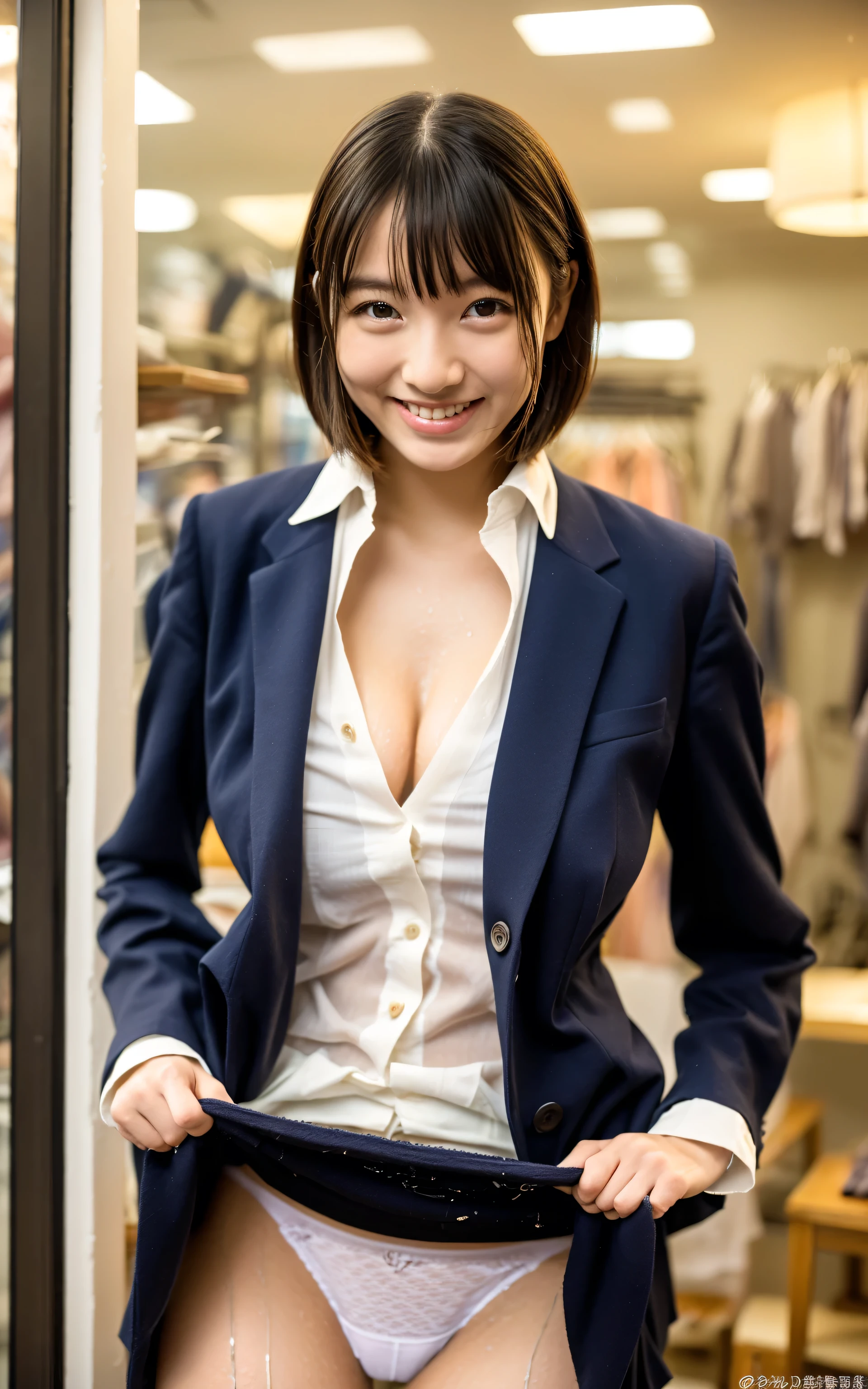 (((leaning forward:1.8,bent over:1))),Inside a suit shop,(The skin is wet from sweat:1.2),(Wearing a shirt:1.5),looking at the camera,Cleavage,A big smile,Skirt Lift、Lift your skirt with your hands,woman, 20-year-old, Short Hair、bangs、(Plain suit skirt),(White lace panties)、Cute earrings,Natural lighting