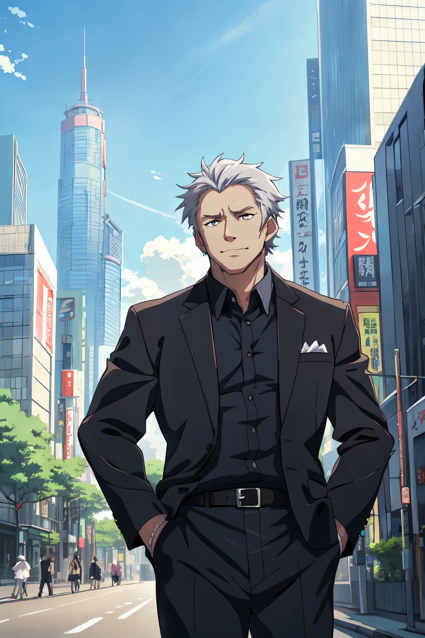 (((masterpiece、Anime Style、high resolution、high quality、Delicate、Ultra-high resolution、８ｋ)))Japan men and one man、６５age、Gray Hair、elder、Wrinkles、Black suit、WhiteＹshirt、accessories、Tokyo、skyscraper、outside