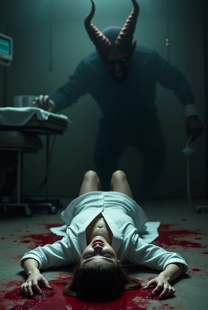 See a picture: A devil's shadow is visible over a doctor girl lying on the ground soaked in blood. And she's scared her eyes are closed