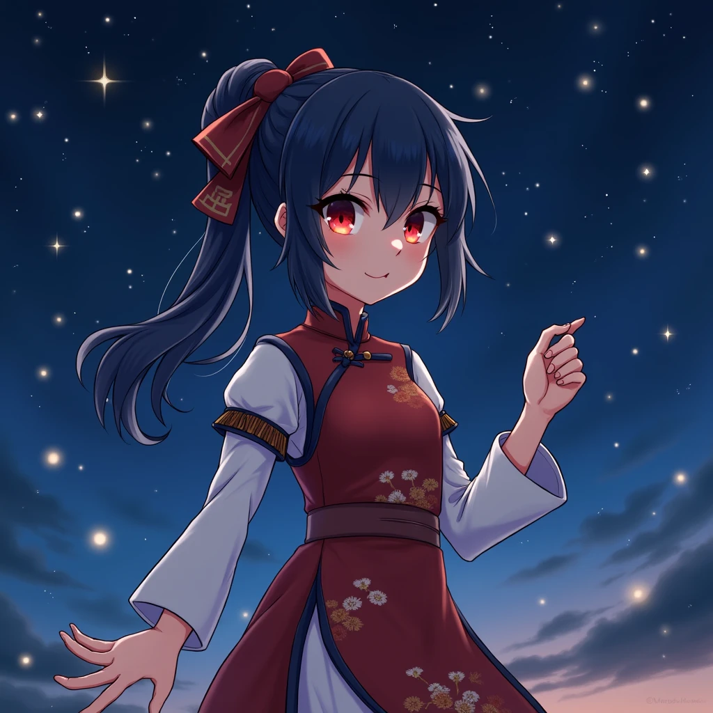 An illustration of a single person with navy blue hair, red eyes, wearing a Chinese dress, in the night with a starry sky. They look mischievous.