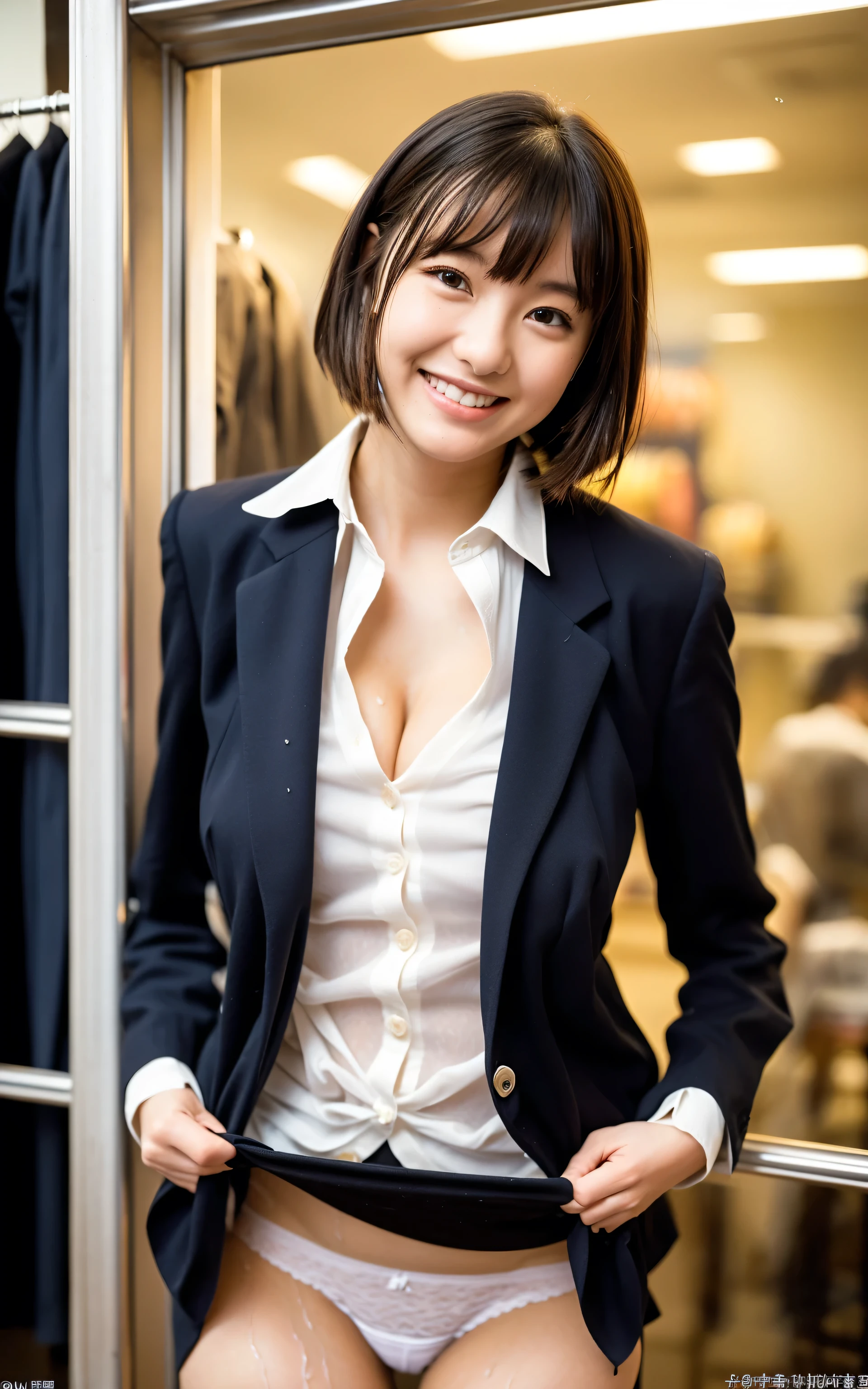 (((leaning forward:1.8,bent over:1))),Inside a suit shop,(The skin is wet from sweat:1.2),(Wearing a shirt:1.5),looking at the camera,Cleavage,A big smile,Skirt Lift、Lift your skirt with your hands,woman, 20-year-old, Short Hair、bangs、(Plain suit skirt),(White lace panties)、Cute earrings,Natural lighting