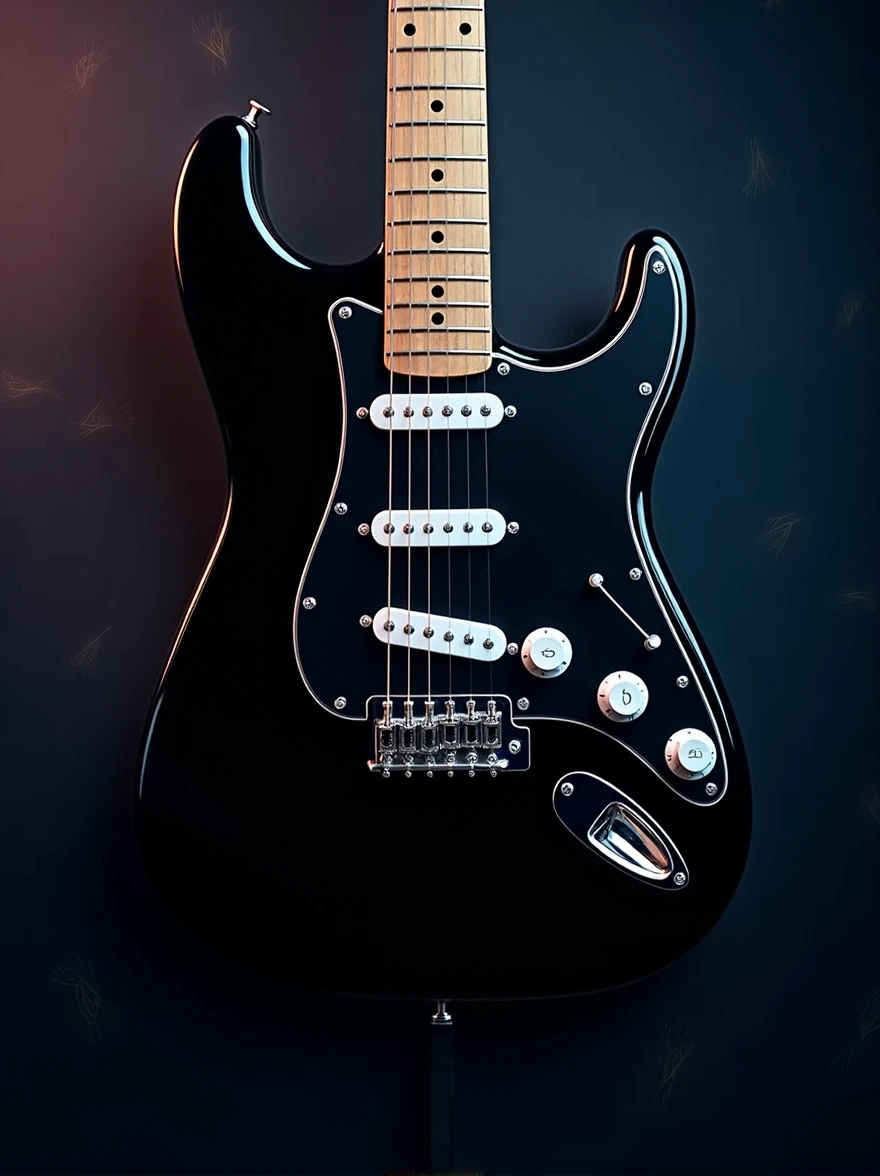 do an wallpaper for smartphone of eletronic guitar from fender black, with maple scale and black shield, 3 single coils and white buttons