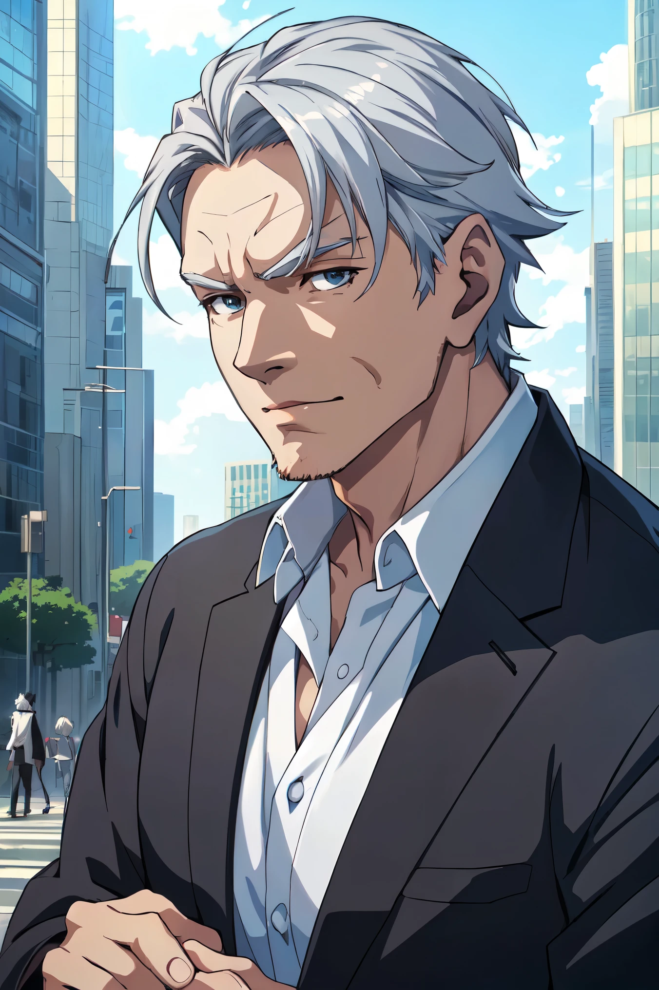 (((masterpiece、Anime Style、high resolution、high quality、Delicate、Ultra-high resolution、８ｋ)))Japan men and one man、６５age、Gray Hair、elder、Wrinkles、Black suit、WhiteＹshirt、accessories、Tokyo、skyscraper、outside