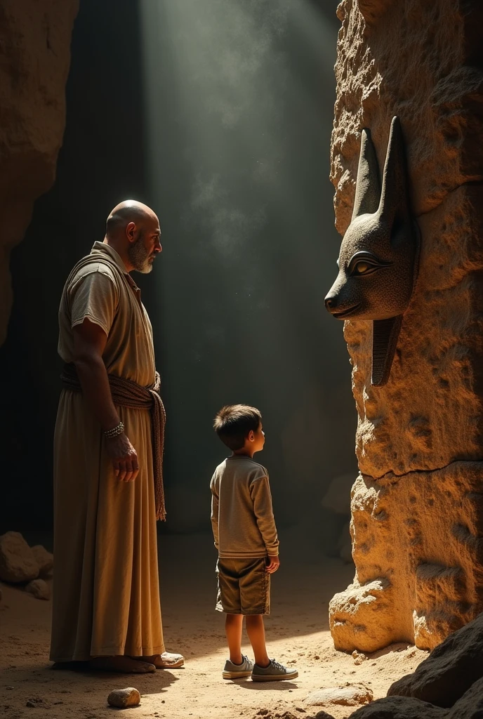a very tall bald headed man wearing an anubis mask standing in a cave beside a stone pillar and teaching a kid about the murals on the wall