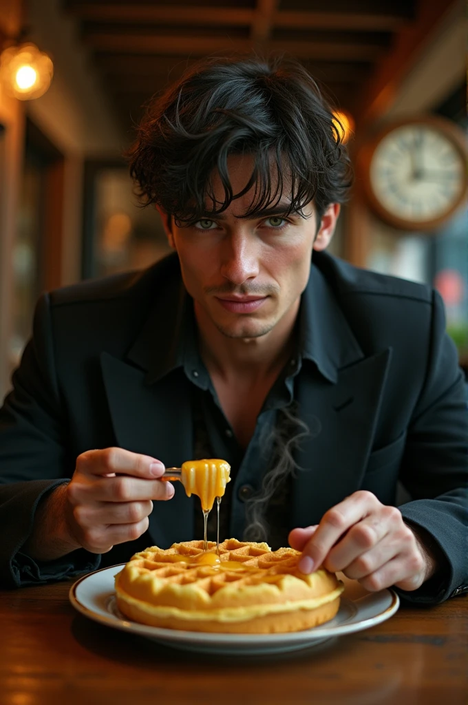 mysterious handsome person, eating cheese waffle