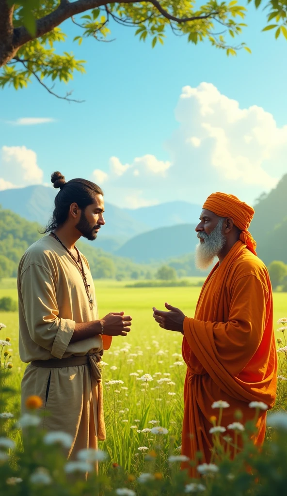 Pundit ji meeting a villager, who is asking him a question with a curious expression"

