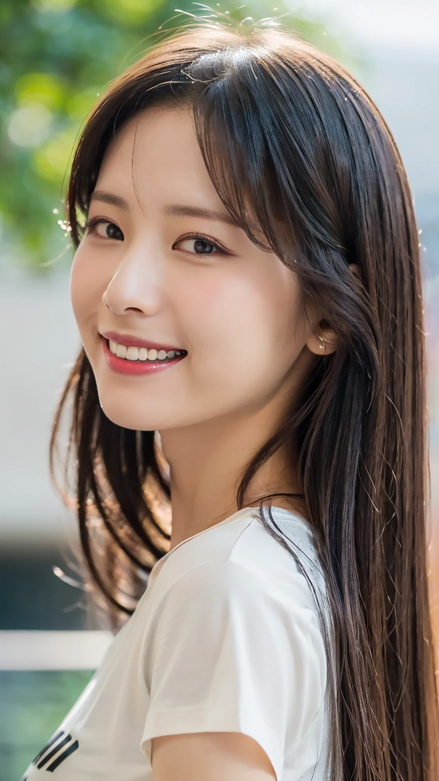 (8k, raw, masterpiece: 1.5), (professional photograph, sharp: 1.2), (natural sun light), (soft shadow), (photorealistic: 1.4), perfect dynamic composition, ((half body photoshoot)), (1 girl), (Ultra-detailed face and skin), gorgeous face, perfectly proportioned face, dark brown eyes, round eyes, beautiful eyes, glossy eyes, high nose bridge, really moist skin, white skin, (delicate skin:1.4), (latex skin:0.4), (perfect glowing skin:0.6), (((black long straight hair, bangs))), (((skinny body: 1.5))), (huge breasts: 1.2) ((huge smile at camera: 1.5)), looking at camera, silver necklace, (((black t-shirt))), ((shot from front: 1.5))