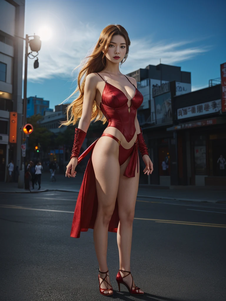 A woman wearing red and black clothes holding, Hero pose colorful city lights, Full body picture。 asuka suit, Lara Croft as Heroine, close up, female rouge assassin, Hero Action Poses, 身穿red铠甲的女士, red和电影灯光, 深red服装, red, Confident heroic posture, 全身close up镜头, A heroic look