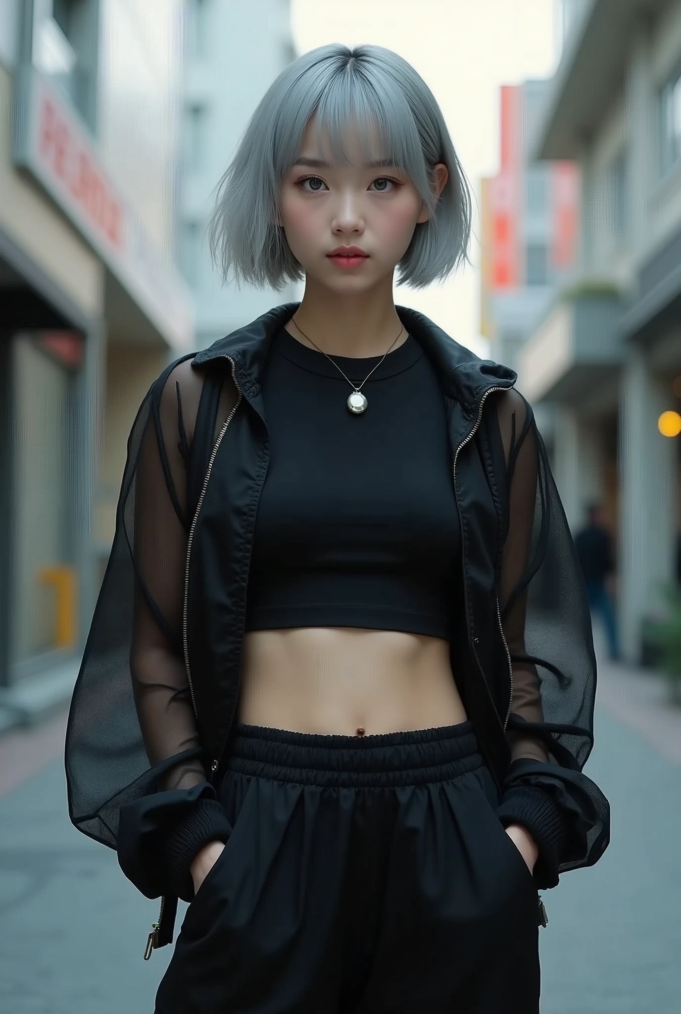 (8k, Photorealistic, Raw photo, Highest quality: 1.4),Japanese idol-style beautiful girl,model,1 person,18-year-old,(Short Bob),(Silver Hair :1.2),She has her hair tucked behind her ears,Clear grey eyes,Long eyelashes,(piercings(small)),(Lip gloss),lips(Plump,glossy),thin long neck,(Micro T-shirt((Skin-tight),(Black),(Short length that reveals the navel))),(Jacket((Black),(Sheer),(Mesh))Layered),(Wide leg pants((Sweat fabric),(Length that covers the instep))),pumps,Full body portrait