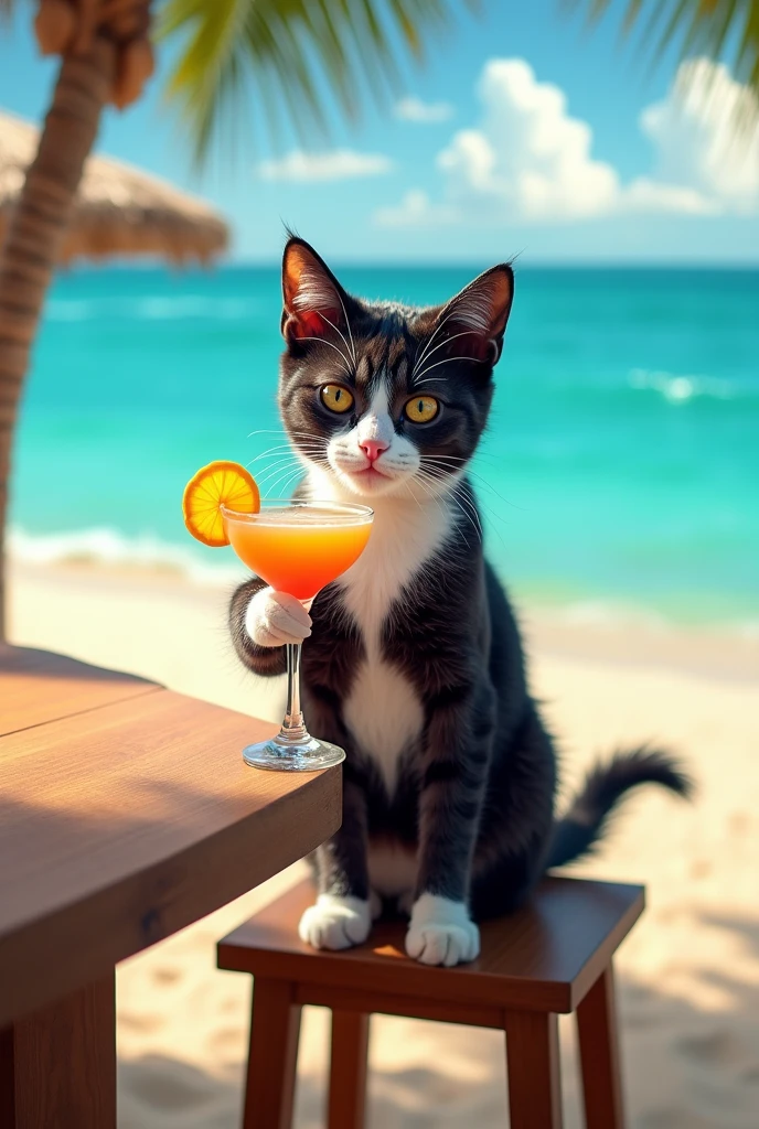 Un chat tigré foncé à poils courts, avec le torse et les deux pattes avant de couleur blanche. Il est assis à la terrasse d’un bar sur un tabouret avec un cocktail devant lui en train de profité du soleil, de la mer turquoise, and golden sand 