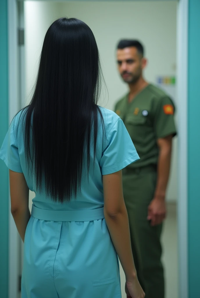 A girl, tanned skin, long hair black hair,hanging over her chest, wearing a sky colour OT dress of doctors, standing Infront of a mirror,the room looks dreamy,a military man wearing olive colour uniform,clean shaved , handsome,enter the room by opening the door, long hair upto waist,ot dress long pant and shirt,sky colour, hair long , hair open