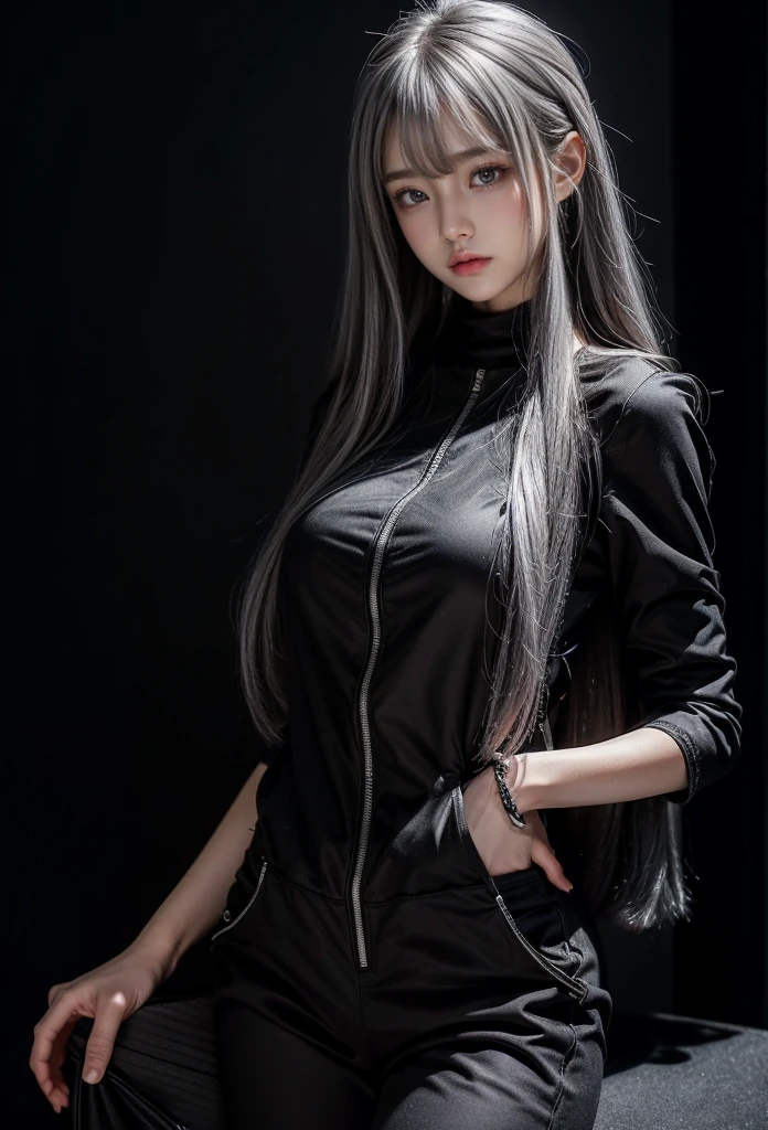 standing,Military Uniforms,pants,black military uniform,whole body,Height: 168cm,almond shape eyes,{{{{{silver eyes}}}}},{{{{{dull bangs}}}}},(slanted eyes},{{whole body},{{{1 girl}}}, long hair, straight hair,{{{{silver hair}}}},{{{tsurime}}},30 years old,{Medium chest},{{bush}},silver eyes,{{{masterpiece}}}, {{{highest quality}}}, {{Super detailed}}, {shape}, {{very delicate and beautiful}},very detailed,detailed perfect,detailed hyper,Abundant thighs,big ass,black clothes