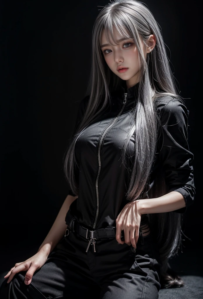 standing,Military Uniforms,pants,black military uniform,whole body,Height: 168cm,almond shape eyes,{{{{{silver eyes}}}}},{{{{{dull bangs}}}}},(slanted eyes},{{whole body},{{{1 girl}}}, long hair, straight hair,{{{{silver hair}}}},{{{tsurime}}},30 years old,{Medium chest},{{bush}},silver eyes,{{{masterpiece}}}, {{{highest quality}}}, {{Super detailed}}, {shape}, {{very delicate and beautiful}},very detailed,detailed perfect,detailed hyper,Abundant thighs,big ass,black clothes