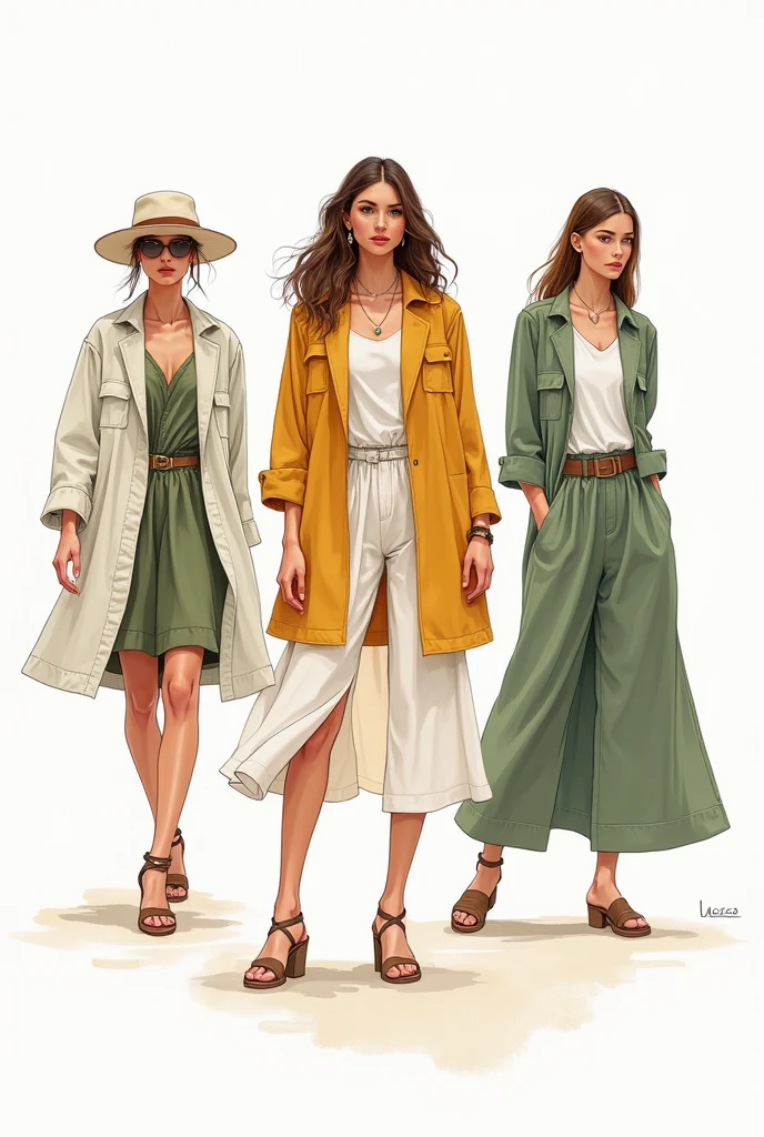 Create  portfolio sketches for casual wear collection 5 ensembles .US based fashion buyer. For fashion Designer's professional portfolio. According to trend and colour of season 2025 summer spring. Sustainable organic fabric cotton viscose hemp collection.