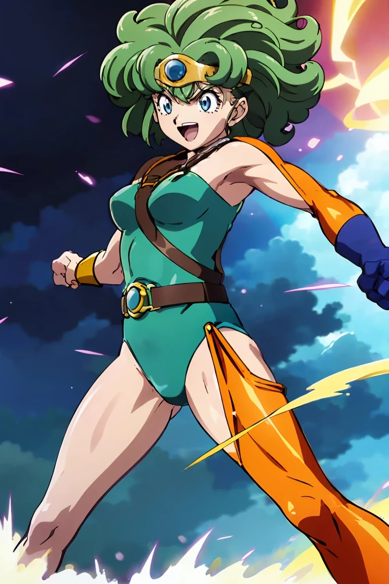 (masterpiece:1.3),(highest quality:1.4),(Super detailed:1.5),8k,High resolution,(an extremely delicate and beautiful:1.8),Official Art,Perfect Anatomy,(90s anime,90s anime style,Cel-shaded anime:1.17),(anime screencap,anime coloring:1.5),solo,
(anmnr:1.14),((heroine:1.52)), circlet, curly hair, green hair, short hair, asymmetrical clothes, leotard, belt, single glove, single sleeve, single thighhigh,
(Running:1.1), deph of field, plein air, Beautiful face, Intense lighting, Dramatic light, (joyous expression:1.4), (Raging Eyes:1.2), ), imaginative overlays, artistic fusion, fantastical scenes, evocative narratives, striking visuals, ((Motion Trajectory Effect)), spiky hair, Superhero, Run at lightning speed, Leaving traces of movement, MotionTrail, Speed effect, Drive through the steppes, Speed Trace, Super Speed Power,