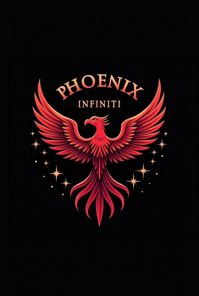  Phoenix bird + infinity symbol logo in red and black combo, merge phoenix bird and infinity symbol, include only 9 stars one around the bird ,  and include the name  PHOENIX in capitals and in modern font and INFINITI in smaller font than Phoenix, place it infiniti word right below PHOENIX, and add a tagline Where Excellence meets Quality