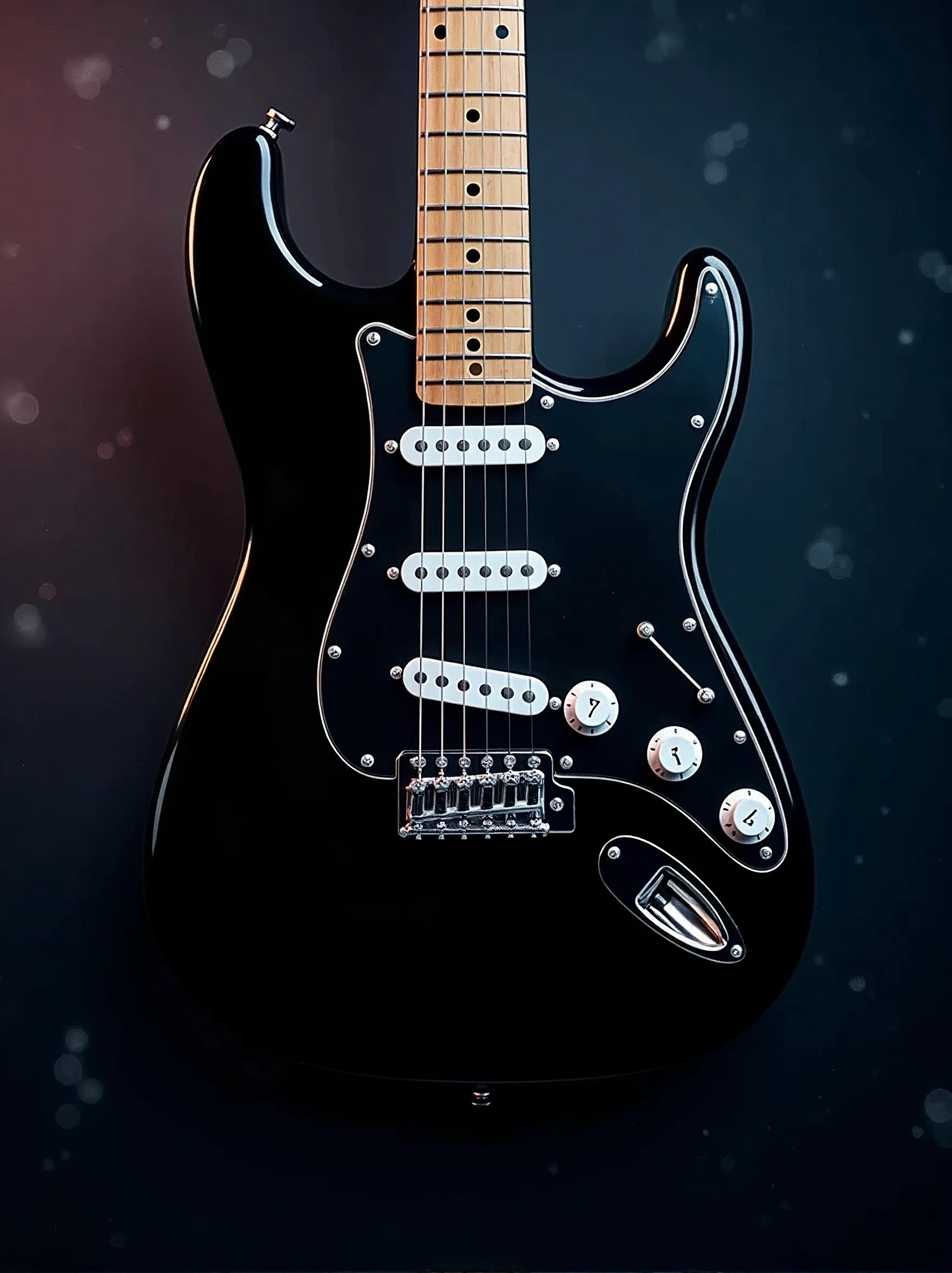 do an wallpaper for smartphone of eletronic guitar from fender black, with maple scale and black shield, 3 single coils and white buttons