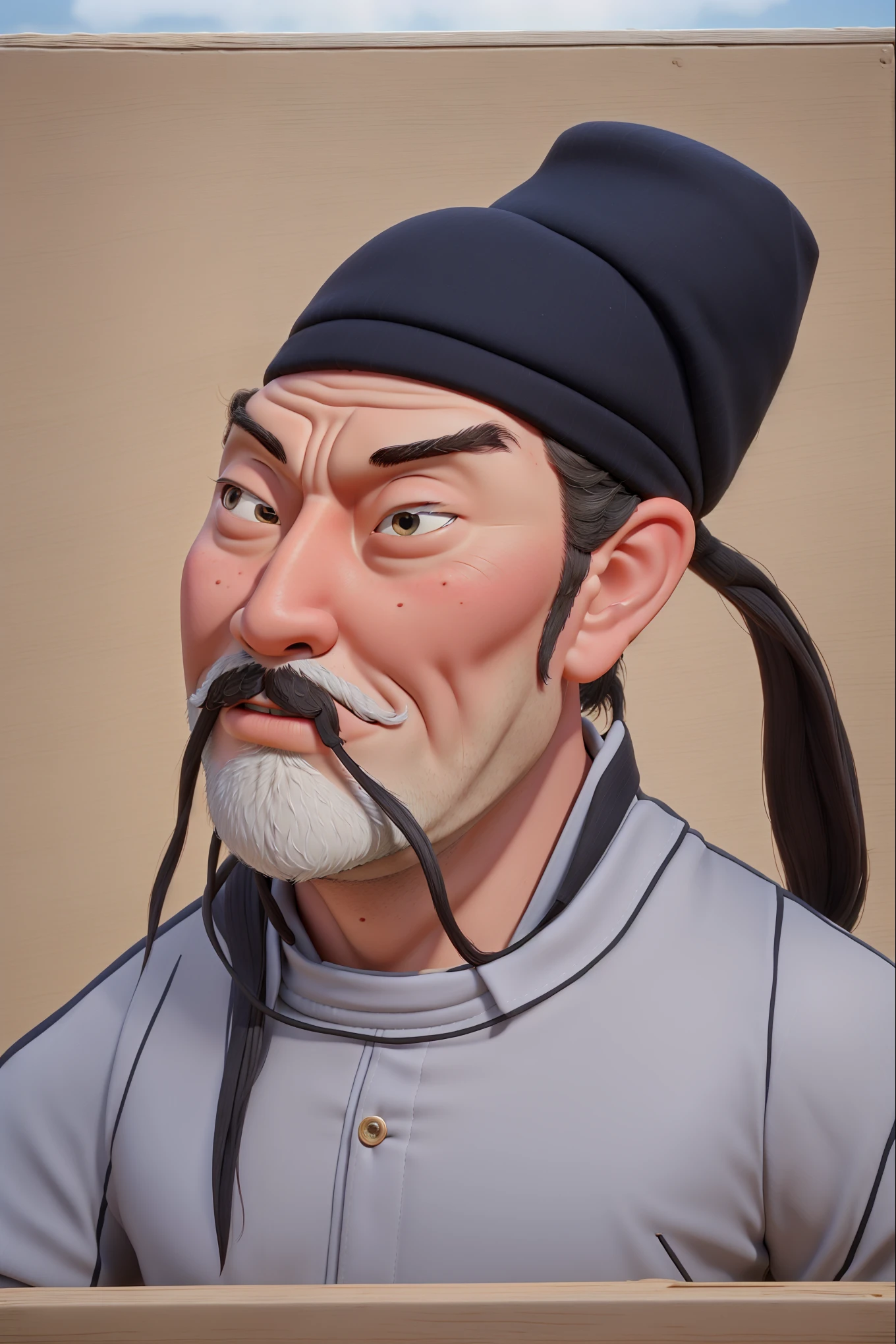 HD, (The finest details), (best quality), Disney, Li Bai，Ancient Chinese poet，1boy，Male focus，solo，Facial hair，hat，traditional media，Black Hair，Moustache，beard，Ponytail，Black headdress，Japanese Clothing，Upper body