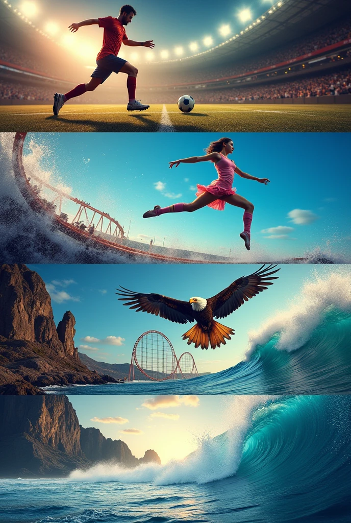 Collage with 5 images in frames about examples of physical dynamics