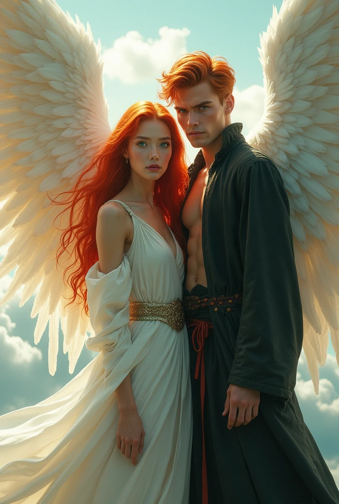 A red-haired angel with blue eyes and a handsome red-haired demon with green eyes, and they are siblings.