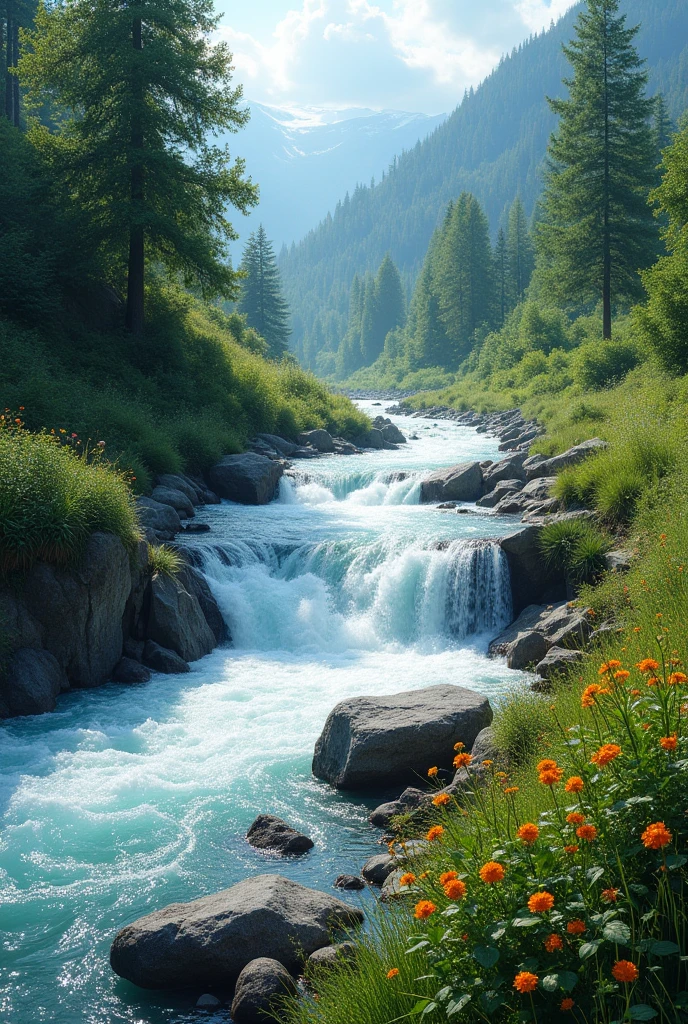 river with a fast current at the bottom of a hill