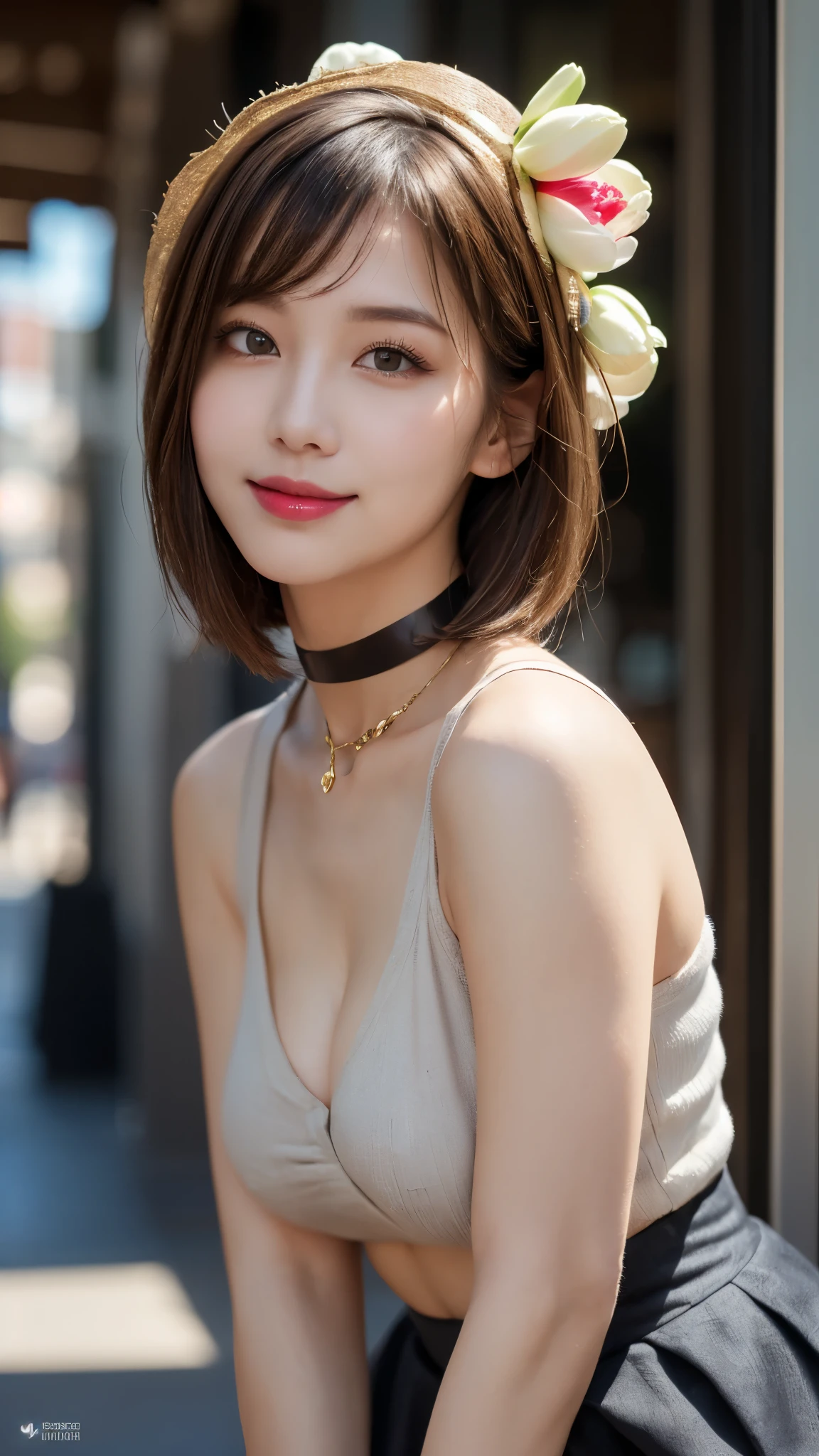 (masterpiece:1.3), (16k, photorealistic, RAW photo, best quality: 1.4),absurdres, attractive, ultra high resolution, ultra realistic, highly detailed, golden ratio, ultra detailed, super fucking beautiful detailed face, natural makeup, detailed cloth texture, detailed hair texture, beautiful detailed fullbody, Perfect female body, accurate, Anatomically correct, Highly detailed face and skin texture, (beautiful hands), (realistic skin), (beautiful pale skin:1.1), (Perfect dynamic composition, looking at viewer, full body shot), ((Seductive poses:1.3)),
BREAK,
realistic eyes, beautiful detailed eyes, symmetric eyes, Light Brown eyes, Double eyelids, Thin eyebrows, (Glossy lips:1.4), ((A face with waiting for a kiss, Seductive smile:1.2)), (weat skin, blush:1.1),
BREAK,
((short hair, bob, Dark blonde hair, bangs:1.2)), (Daytime, Standing on the town:1.3), (Blouse, Tulip skirt, Choker, Derby hat:1.3)