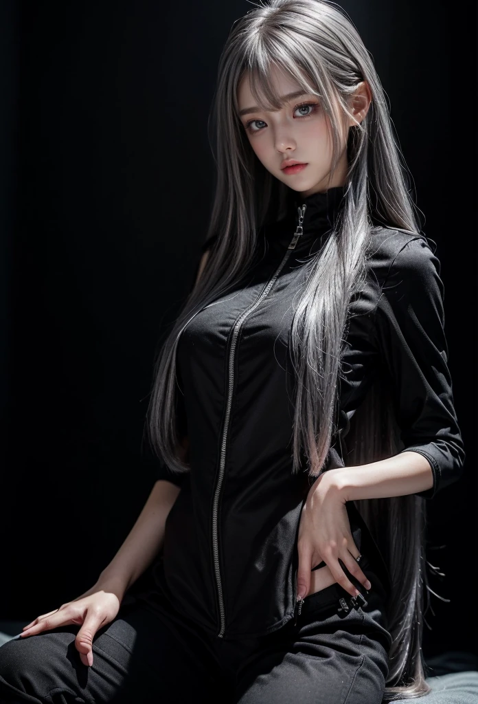 standing,Military Uniforms,pants,black military uniform,whole body,Height: 168cm,almond shape eyes,{{{{{silver eyes}}}}},{{{{{dull bangs}}}}},(slanted eyes},{{whole body},{{{1 girl}}}, long hair, straight hair,{{{{silver hair}}}},{{{tsurime}}},30 years old,{Medium chest},{{bush}},silver eyes,{{{masterpiece}}}, {{{highest quality}}}, {{Super detailed}}, {shape}, {{very delicate and beautiful}},very detailed,detailed perfect,detailed hyper,Abundant thighs,big ass,black clothes