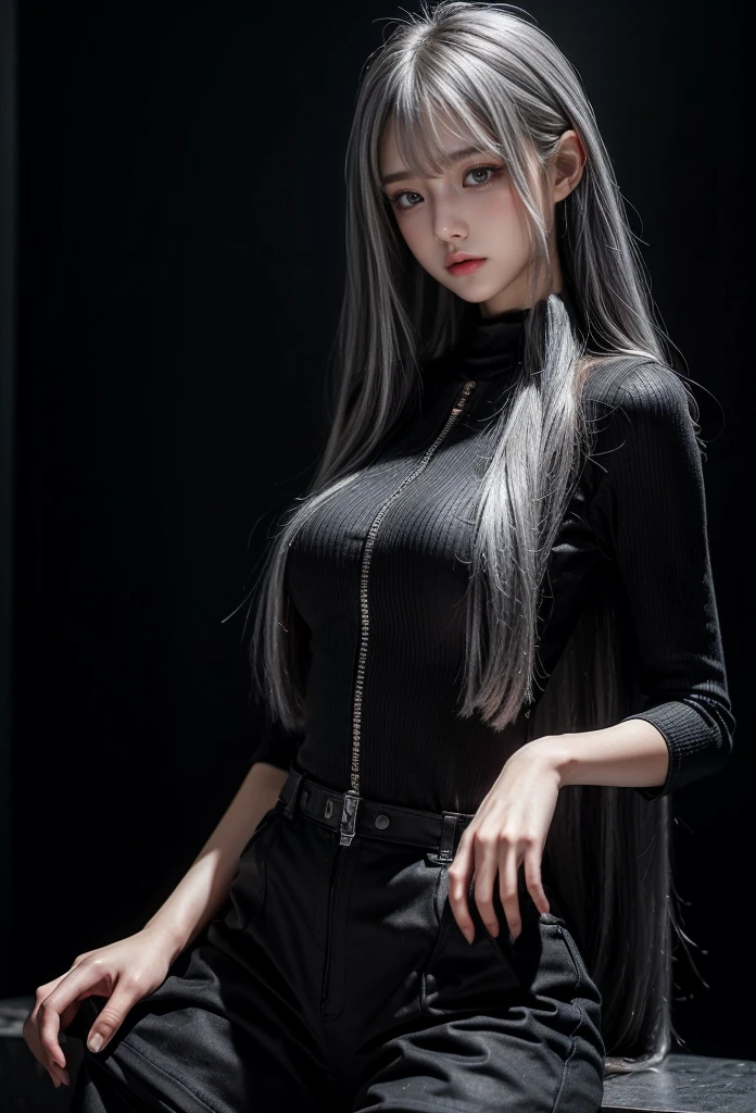 standing,Military Uniforms,pants,black military uniform,whole body,Height: 168cm,almond shape eyes,{{{{{silver eyes}}}}},{{{{{dull bangs}}}}},(slanted eyes},{{whole body},{{{1 girl}}}, long hair, straight hair,{{{{silver hair}}}},{{{tsurime}}},30 years old,{Medium chest},{{bush}},silver eyes,{{{masterpiece}}}, {{{highest quality}}}, {{Super detailed}}, {shape}, {{very delicate and beautiful}},very detailed,detailed perfect,detailed hyper,Abundant thighs,big ass,black clothes