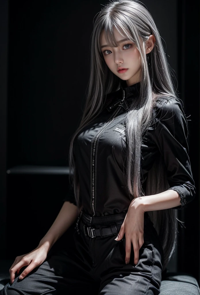 standing,Military Uniforms,pants,black military uniform,whole body,Height: 168cm,almond shape eyes,{{{{{silver eyes}}}}},{{{{{dull bangs}}}}},(slanted eyes},{{whole body},{{{1 girl}}}, long hair, straight hair,{{{{silver hair}}}},{{{tsurime}}},30 years old,{Medium chest},{{bush}},silver eyes,{{{masterpiece}}}, {{{highest quality}}}, {{Super detailed}}, {shape}, {{very delicate and beautiful}},very detailed,detailed perfect,detailed hyper,Abundant thighs,big ass,black clothes
