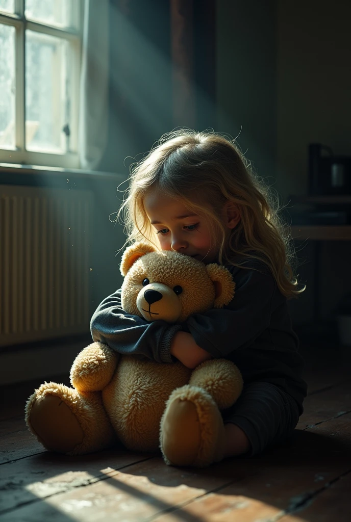 cure blonde girl sitting on the floor and crying,illustration,oil painting,emotional,soft colors,moody lighting,beautiful detailed eyes,beautiful detailed lips,flowing blonde hair,delicate facial features,tears streaming down her face,broken toys scattered around her,patchwork teddy bear,bright sunlight seeping through the window,broken heart,crumpled tissues,warm and comforting atmosphere,empathy and vulnerability.