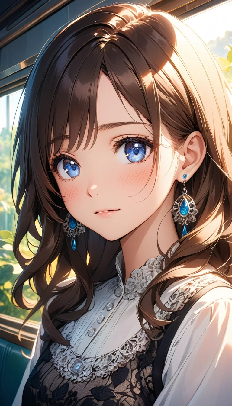 A close-up of a beautiful young woman with large, expressive blue eyes and long, wavy dark brown hair with subtle reddish highlights. She is blushing slightly, giving her a soft, shy expression. The woman is wearing elegant, detailed earrings with intricate designs and a stylish white blouse that reveals a black lace garment underneath. The lighting is warm and soft, with sunlight filtering in from a window, creating gentle reflections on her hair and face. The background shows a blurred interior, possibly a cozy room or a train, with a window that hints at an outdoor scene with greenery. The art style is highly detailed, with smooth, vibrant colors and a realistic anime or manga aesthetic.