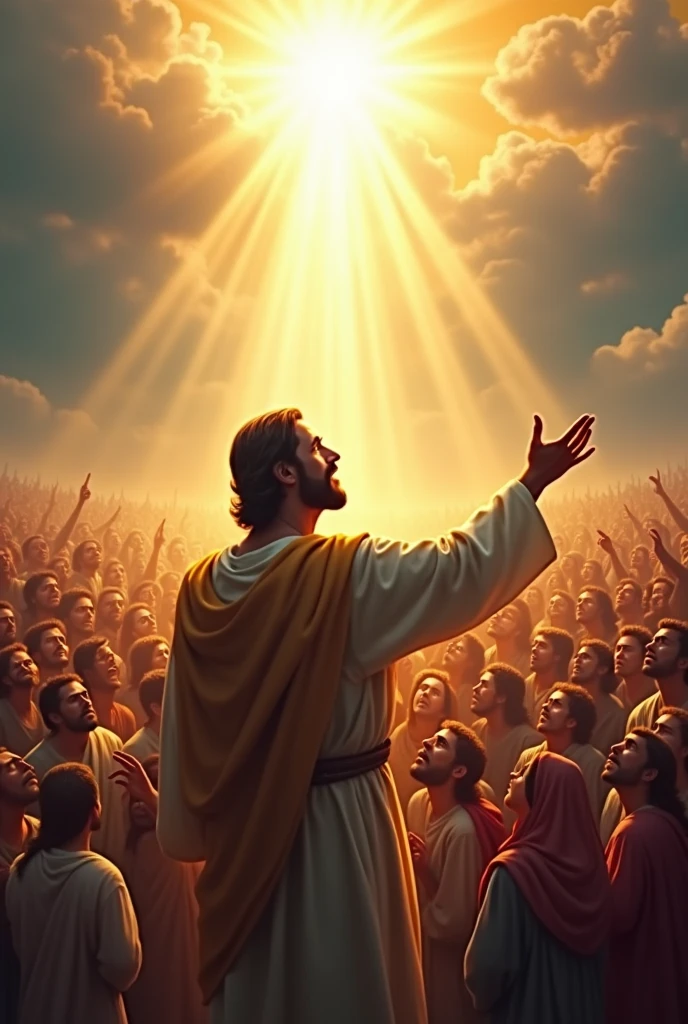 peter ( biblical character) In the midst of a crowd of people pointing and highlighting Jesus who is in heaven shining brighter than the sun, His light enters the whole environment where they are. And he lights up the men. Peter is preaching and speaking fervently.

