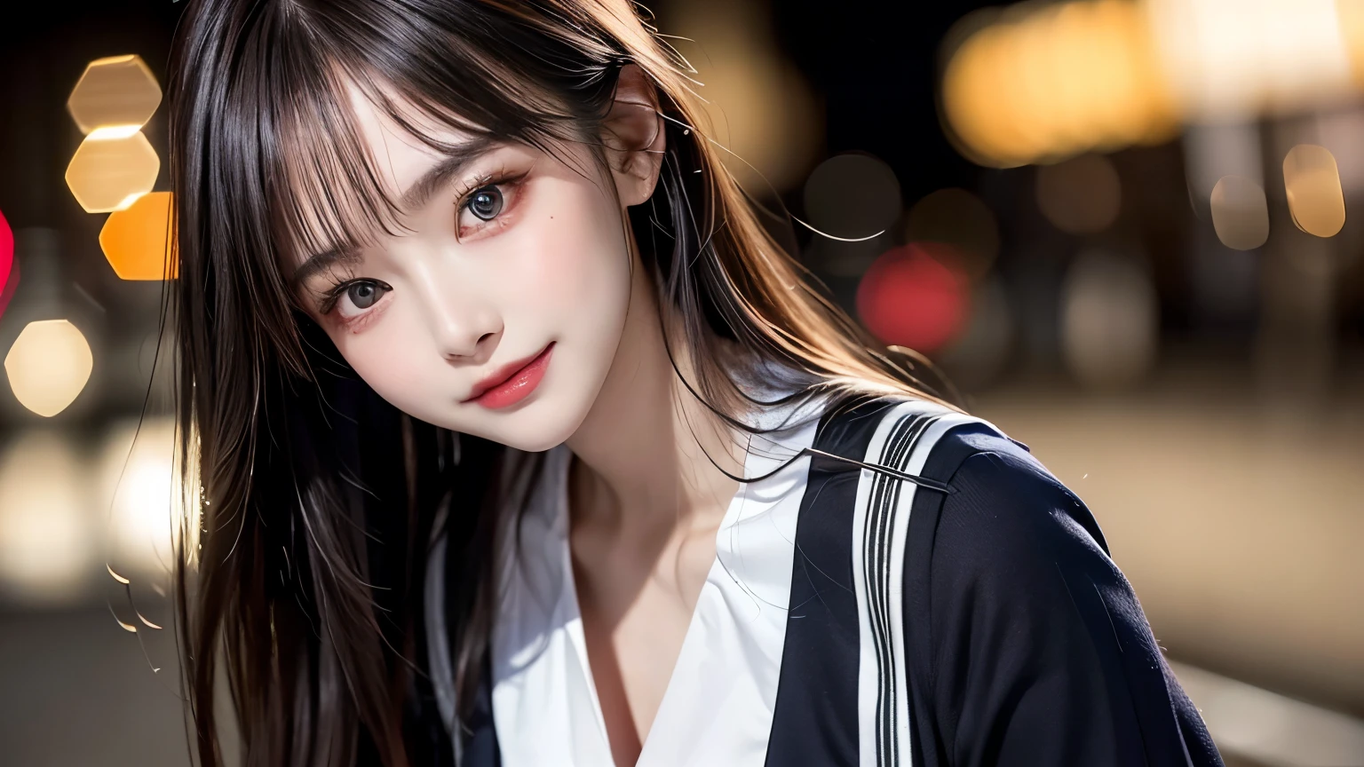 (highest quality:1.4), beautiful face, 8k, 85mm, absurd, (student uniform:1.4), The distance to the subject is far、, Angle from the side、show your shoulders,cleavage of the breast、 violaces, gardenia, delicate girl, alone, night, looking at the viewer, film grain, chromatic aberration, sharp focus, face light, professional lighting, Sophisticated, (smile:0.4), cleavage, No bra,erect nipples,(simple background, background bokeh:1.2), details face、fascinating、