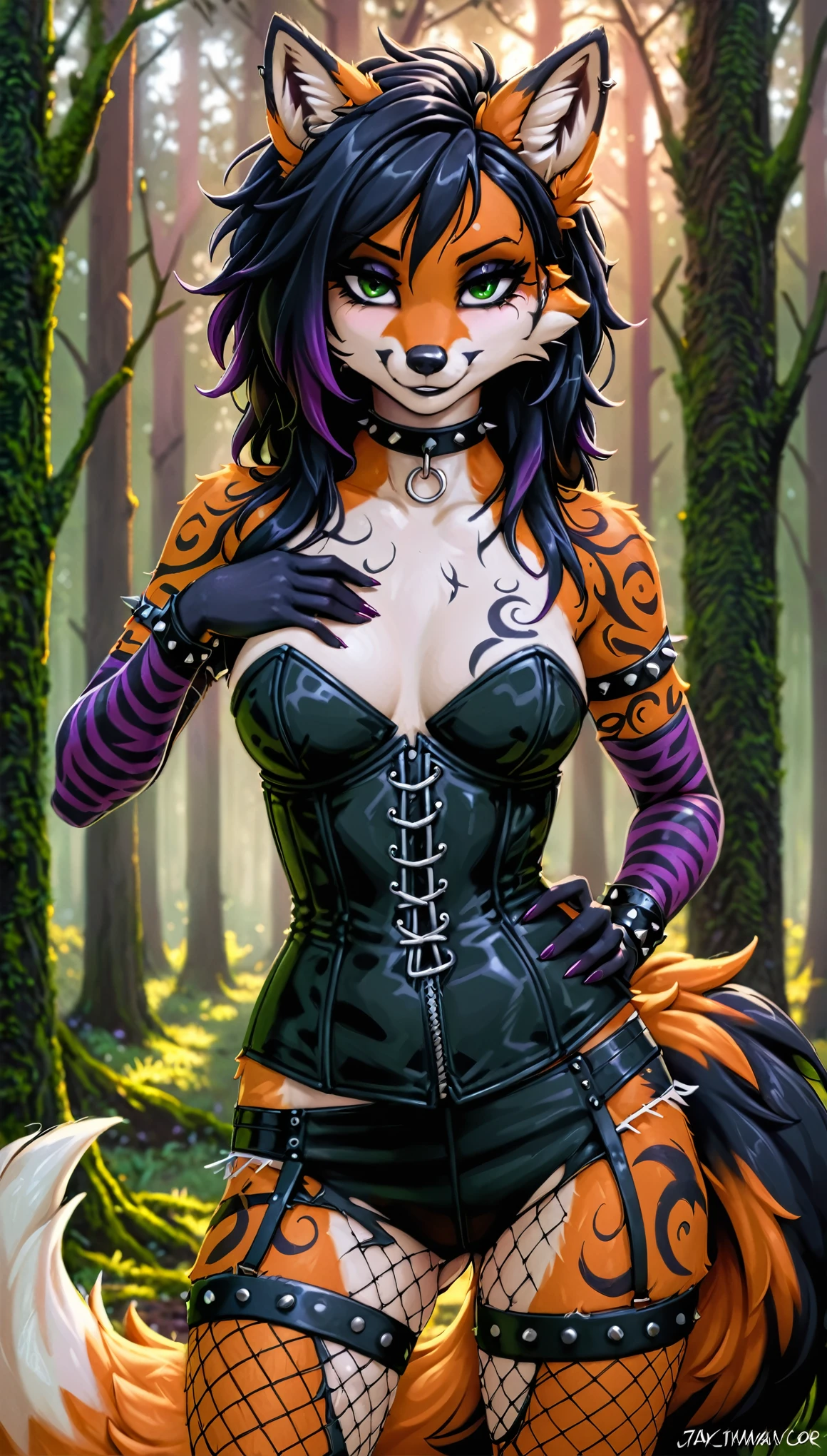 front view, best quality,  wide shot, 

sexy fox girl,((fox snout,fox ears,goth style,punk hair,dark makeup,alluring green eyes,fiery-orange fur)),wild and untamed expression,dangerous beauty,shiny black tail,fierce attitude,black leather choker,studded bracelets,ripped fishnet stockings,edgy outfit with corset,dark and mysterious forest background,ethereal glow from moonlight,soft shadows and highlights,gothic color palette with deep purples and dark greens,subtle smoky eye makeup,wisps of black hair framing the face,l,confident pose with hands on hips,purple highlights in the hair,playful and mischievous expression,slightly tilted head with an enchanting smile,expressive and captivating eyes,black eyeliner and mascara enhancing the allure,subtle glowing tattoos on the arms and legs,slightly tousled punk hairstyle with vibrant streaks ,punk-inspired hair adding an edge,bold choice of jewelry and accessories to complement the goth aesthetic,she exudes both sensuality and strength,creating an intriguing and captivating presence,well-toned abs


[by Alex Timmermans:by jaynaylor:0.5],
detailed background, detailed foreground, depth of field, ambient silhouette, backlighting,

