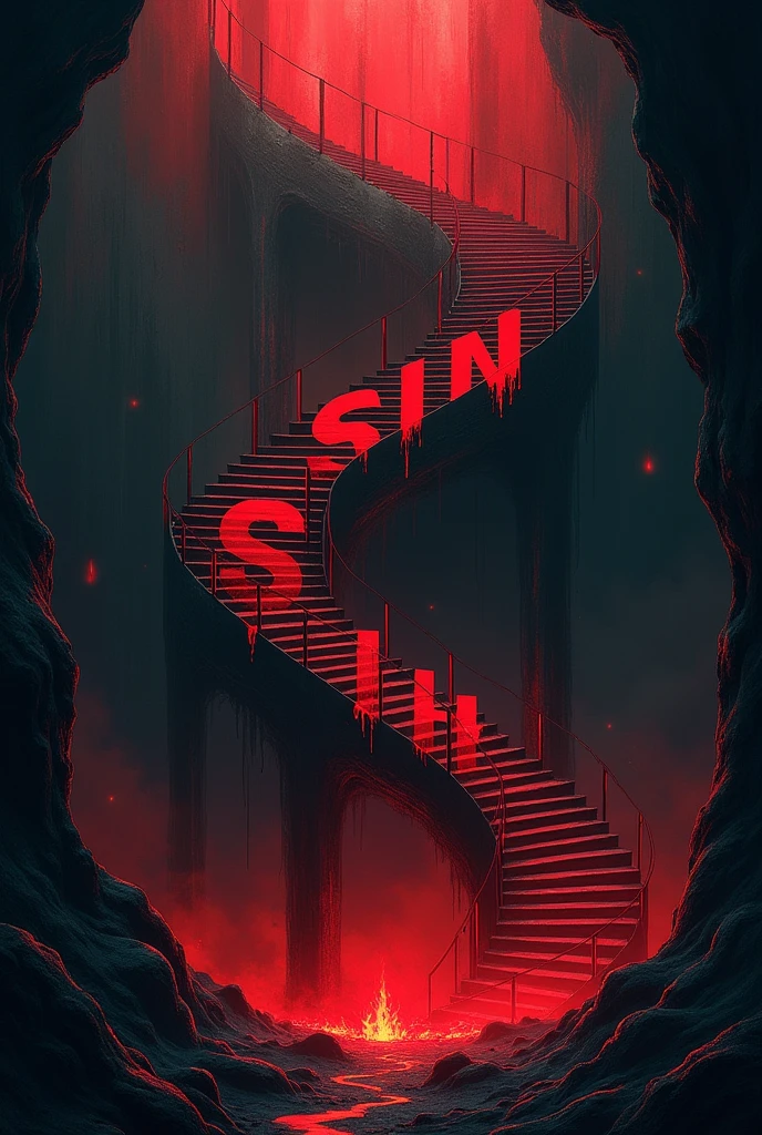 A haunting and surreal illustration of a colossal circular staircase, stretching down into the depths. Each stair is adorned with bold, fiery red lettering that reads "SIN." The atmosphere is oppressive and dystopian, with the staircase surrounded by shadows, enveloped in an eerie red glow. At the bottom, the fire and darkness coalesce into a hellish landscape of despair and suffering, a representation of the hopelessness described in the Quran.