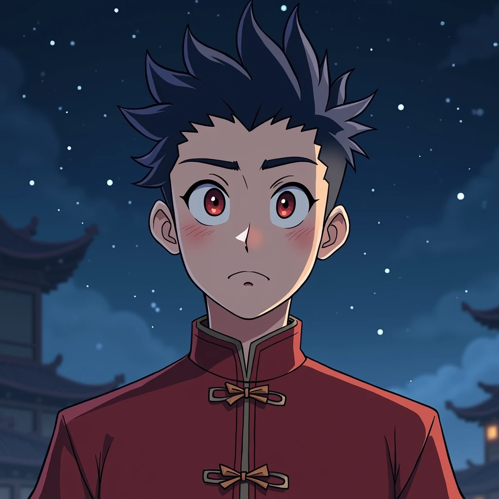 A man with a very short haircut, navy hair color, red eyes, wearing a Chinese outfit. Illustration of a night scene with a starry sky. Troublemaker.